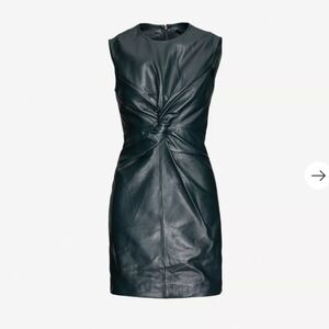 Maje Twist-front Lamb Leather Mini Dress Dark Green Sleeveless